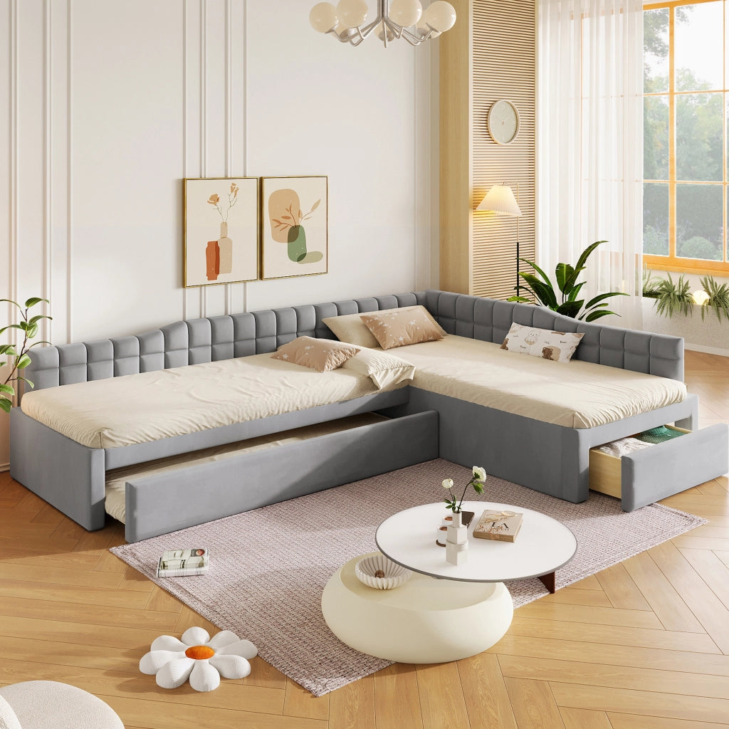 Letto a L 90x200 cm con letto estraibile e cassetti in flanella grigio