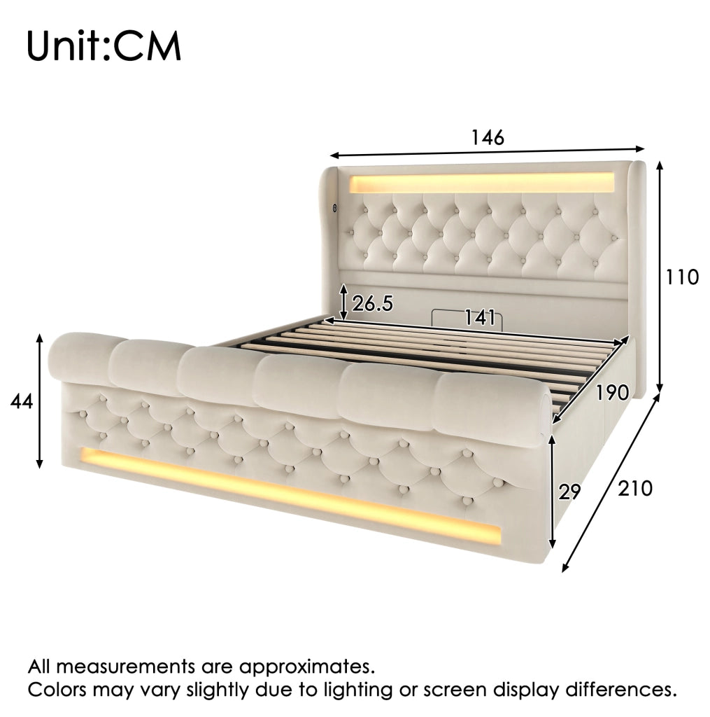 Letto matrimoniale imbottito 140x190 cm con LED; contenitore idraulico; USB e Type-C; beige