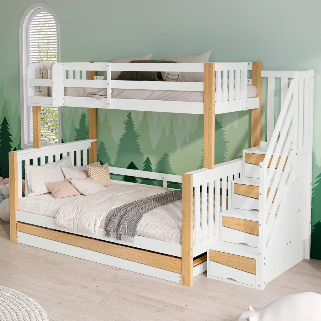 LETTO a castello con letto estraibile, scala contenitore, 120x200 cm, bianco/naturale