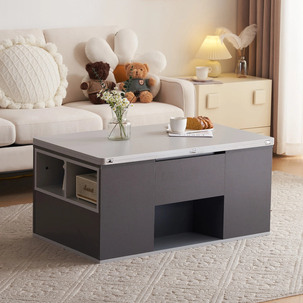 Tavolino basso sollevabile 2 in 1 con 2 cassetti e vani aperti, per soggiorno, in truciolato grigio, 100 × 51 × 47 cm