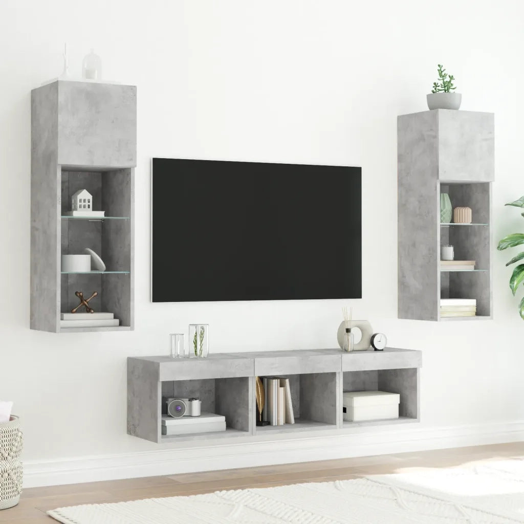 Mobili TV a Muro con LED 5pz Grigio Cemento Legno Multistrato 3216600