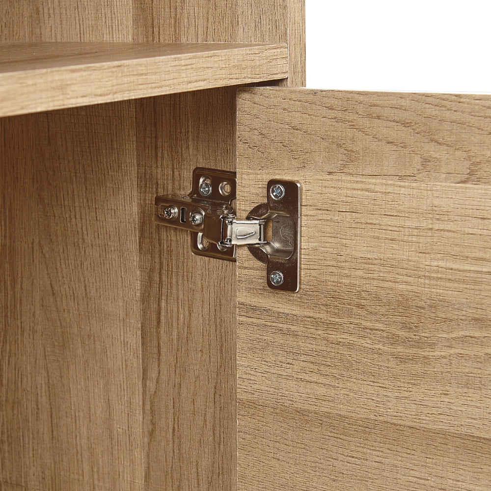 Credenza a 3 ante in legno chiaro e MDF grigio con finitura in carta 3 ante aperte