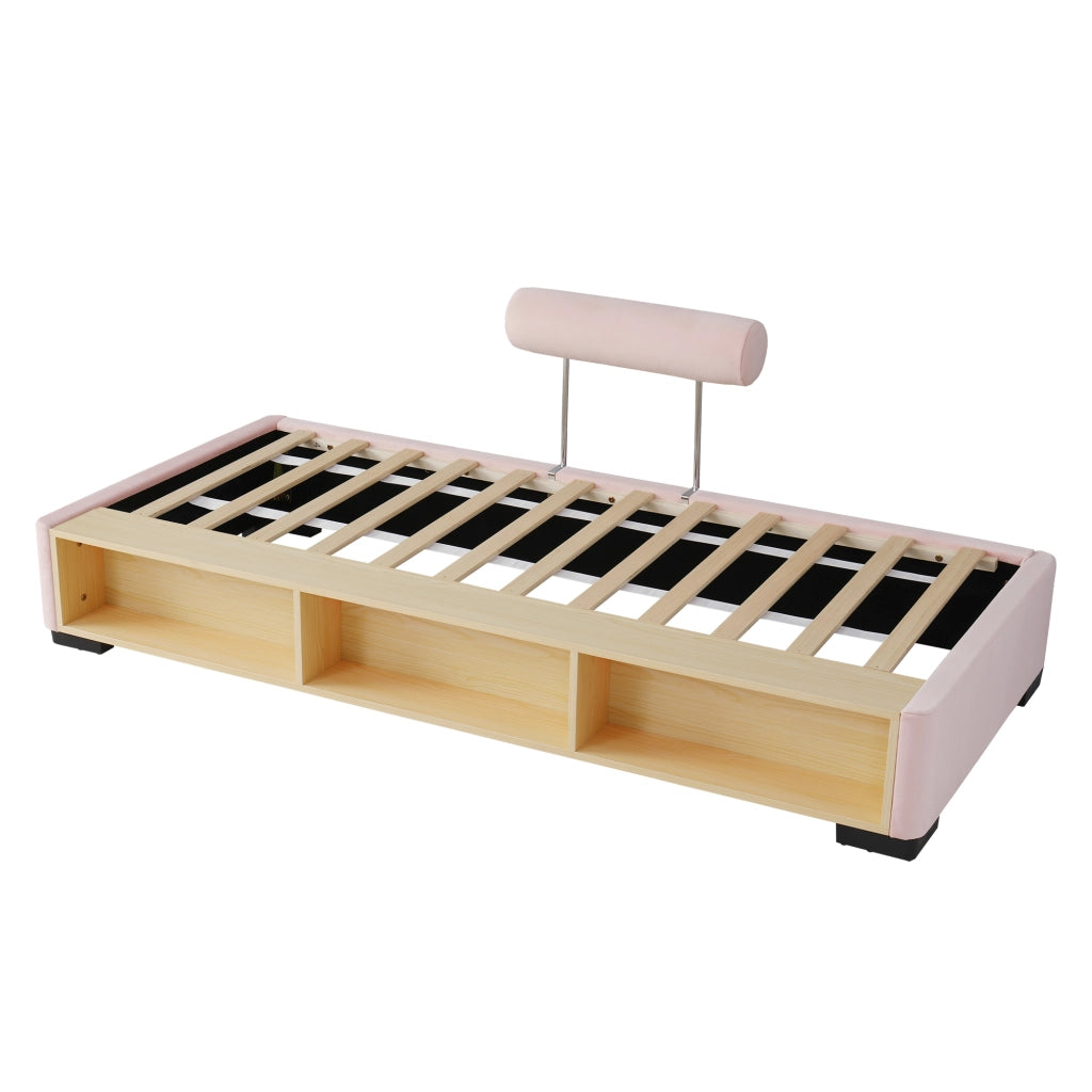 Letto per bambini imbottito 90 ¡Á 200 cm con scaffale laterale LED in velluto francese rosa
