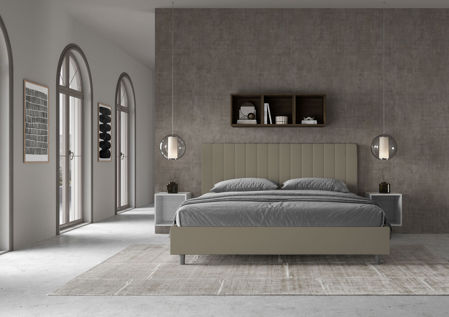Letto Matrimoniale King Size 180x200 cm con Rete e Contenitore Imbottito in Similpelle Agueda Cappuccino