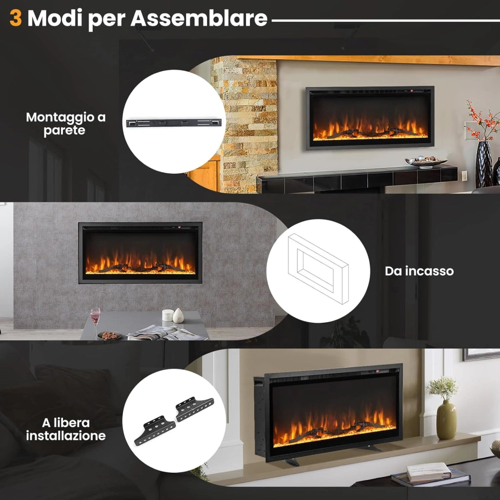 Camino Elettrico da 91,5cm da Incasso a Parete, Caminetto Elettrico da 750W/1500W con Telecomando, Termostato, Protezione da Surriscaldamento, 91,5 x 14,5 x 45 cm