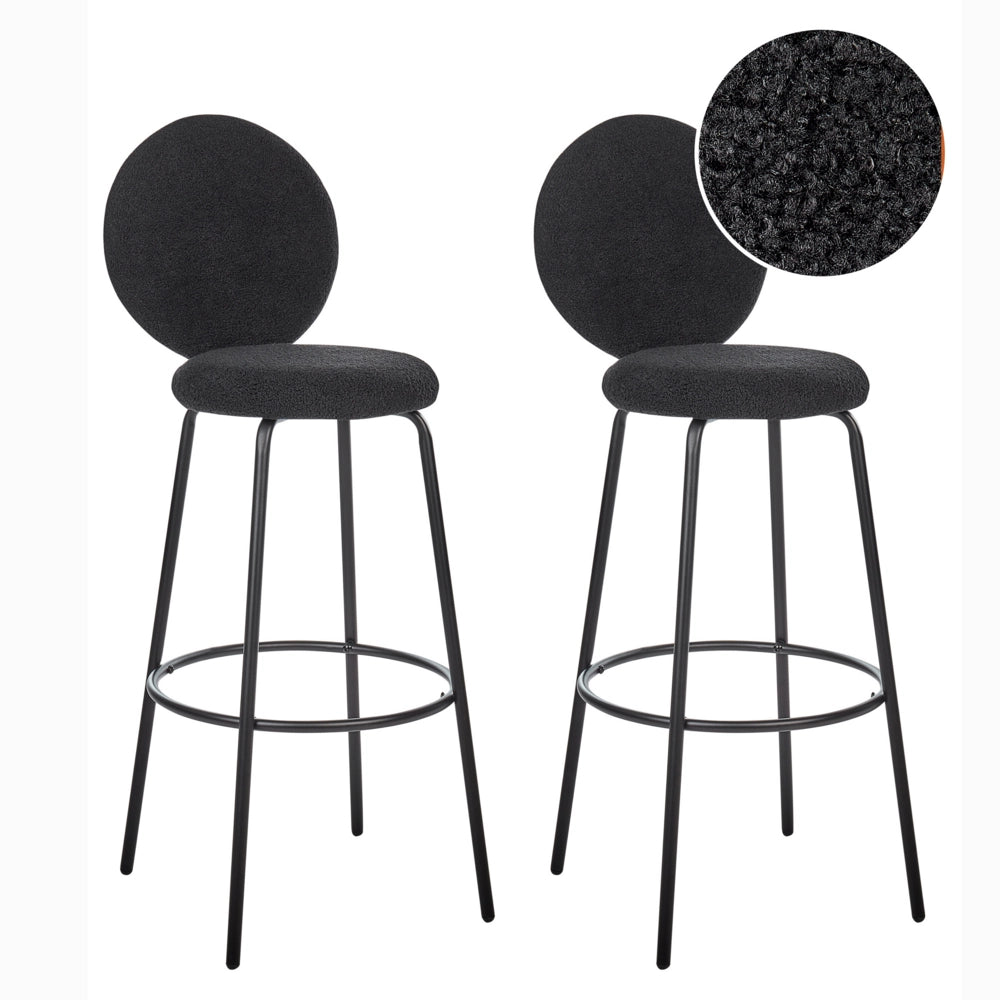 Set di 2 sedie da bar bouclé nero con gambe in acciaio e schienale rotondo soggiorno salotto