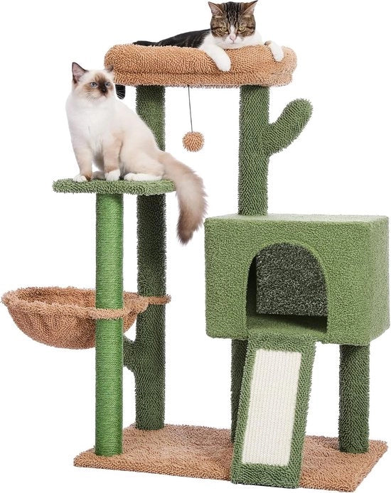 Sostegno per gatti 104 cm Cactus plaid Sostegno per gatti adulti con grotta più grande, letto superiore rimovibile, pallone oscillante, corda sisal verde.