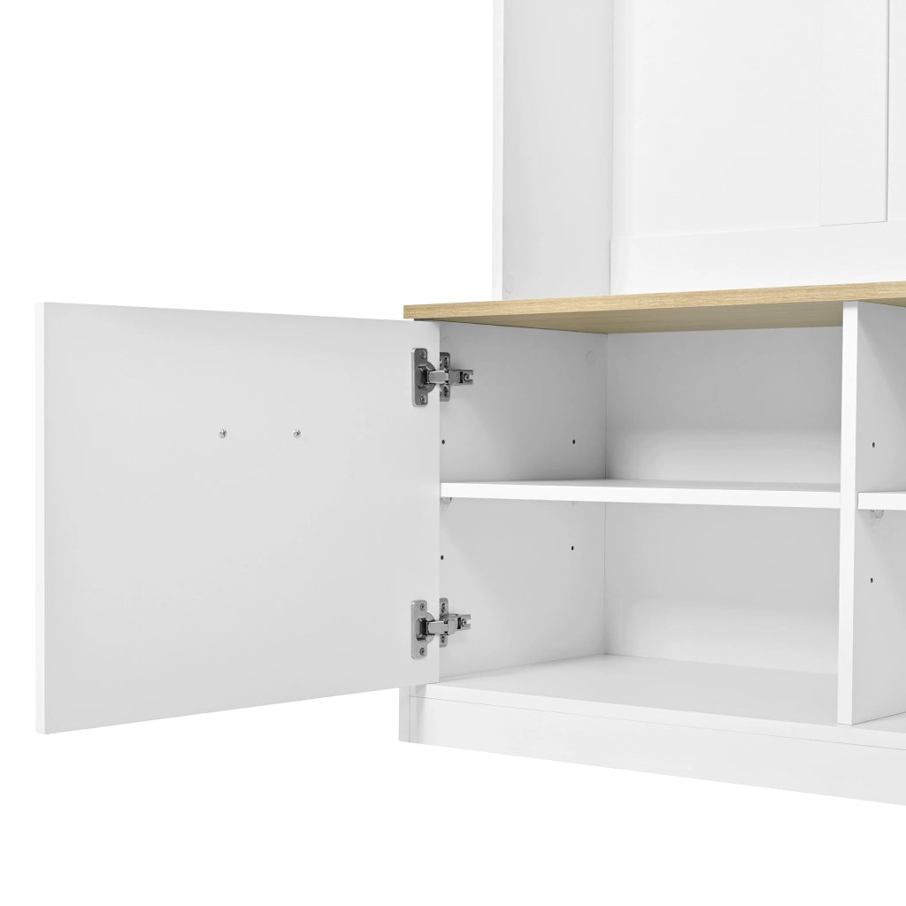 OKWISH Mobile da ingresso con 2 Ante, Panca, 4 Ganci e Vani Aperti, MDF, Naturale e Bianco, 105 x 40 x 180 cm