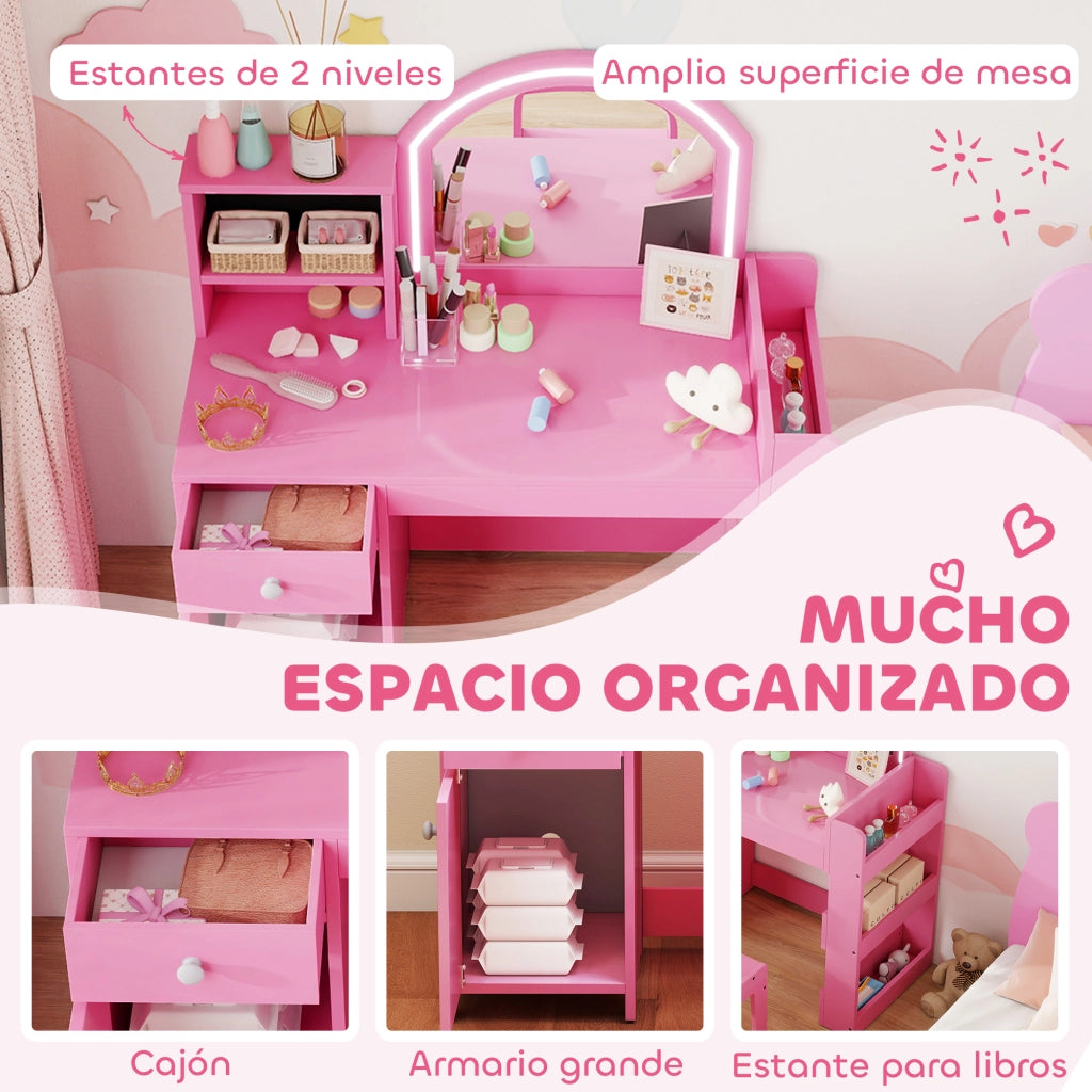Cassettiera per Bambini con Specchio LED ¨C zephmum ¨C Rosa, Legno, 5 Ripiani