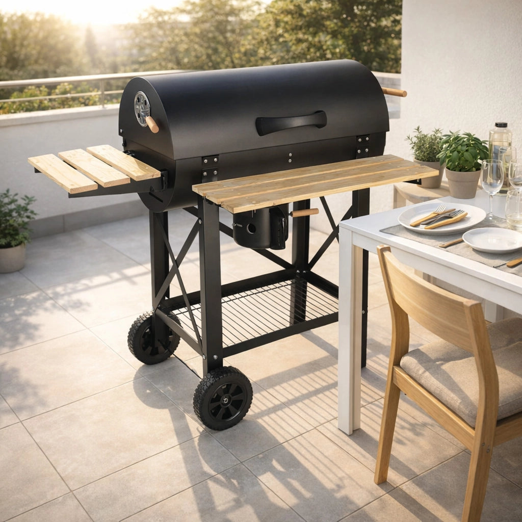 Barbecue A Carbone Con Coperchio E Ripiani Laterali BBQ Grill Da Giardino Con Griglia Rialzata Scaldavivande Struttura In Acciaio Ruote E Cassetto Raccogli Cenere 110 x 70.5 x 101.5 Cm Nero