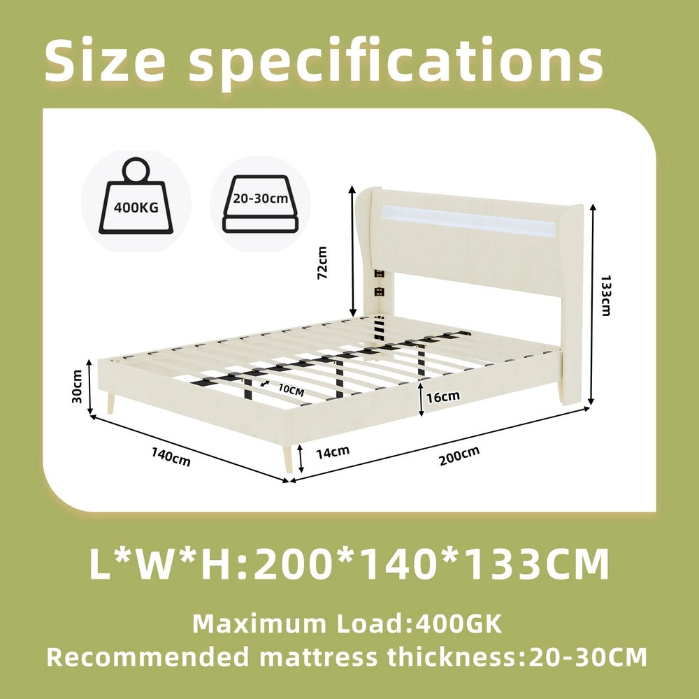 Letto imbottito con testiera LED ¨C Minimal ¨C 140x200 cm beige con materasso