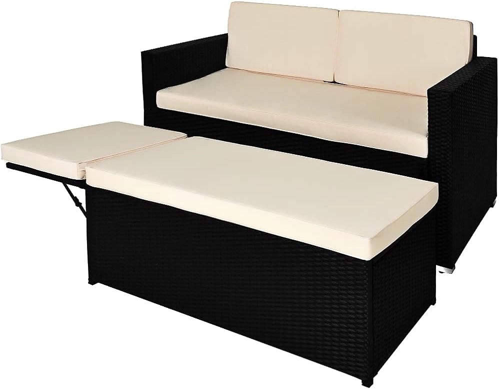 Casaria Divano Lounge 2 Posti Divanetto Nero con Cuscini Panna Pouf Mobile Chaise Longue Mobili Balcone