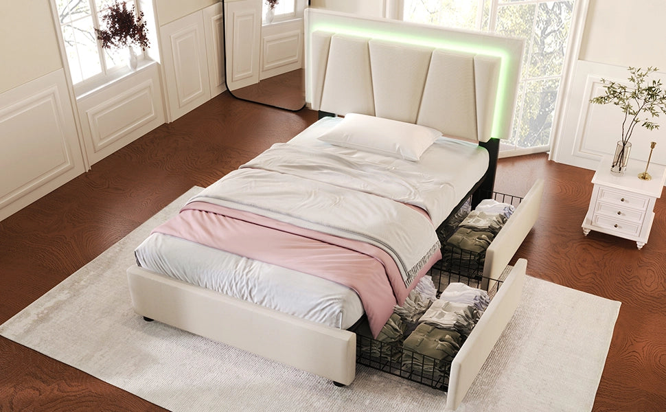 DESMIU Lit singolo 90 × 200 cm con LED, 2 cassetti, testiera regolabile e materasso, beige
