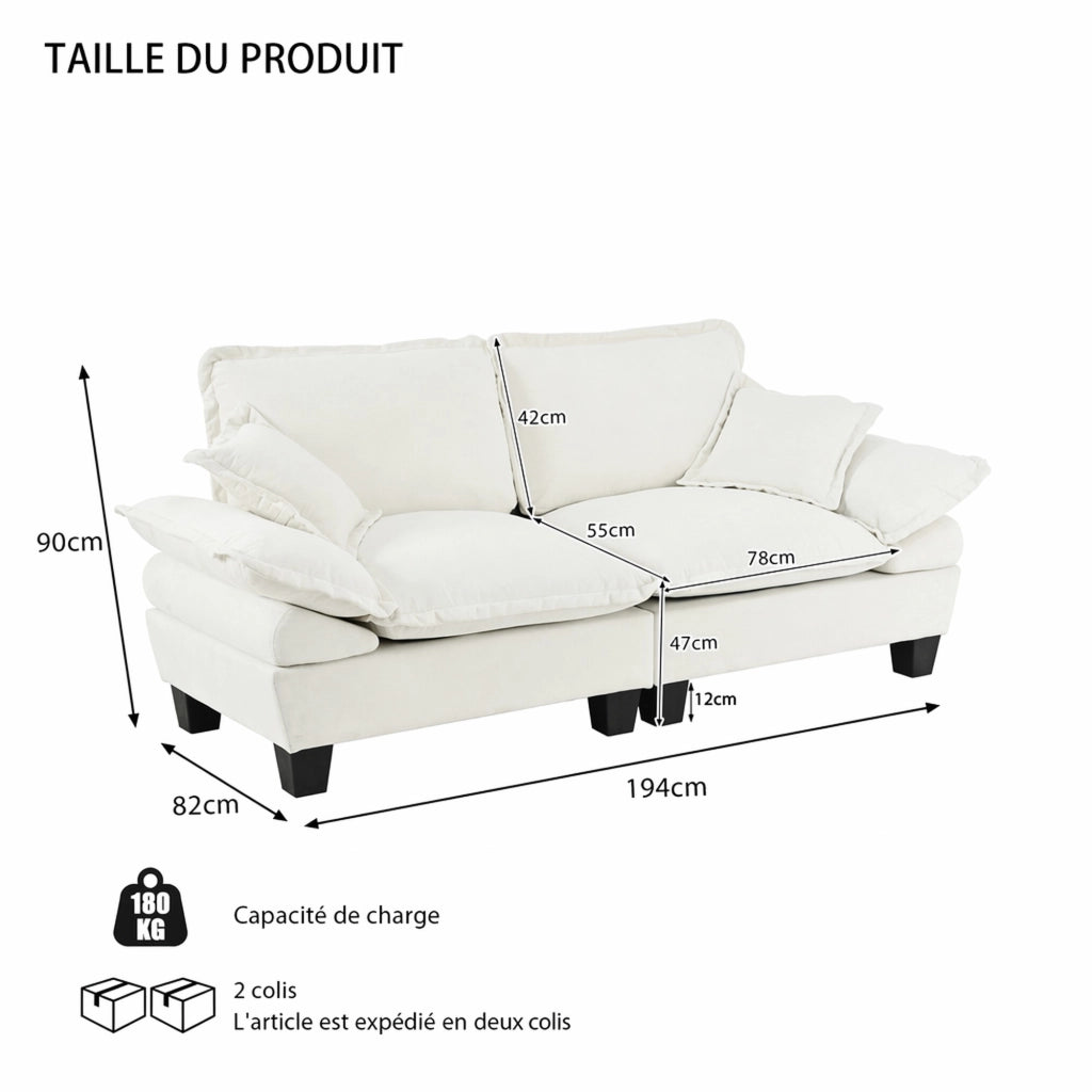 Divano a 2 posti con braccioli curvi in chenille beige 194 × 82 × 90 cm