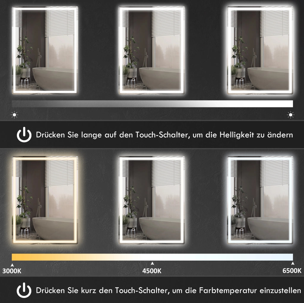Specchio da Bagno LED 80x60 cm con Funzione Memory e Antinebbia, Cornice in Alluminio Resistente all’Acqua