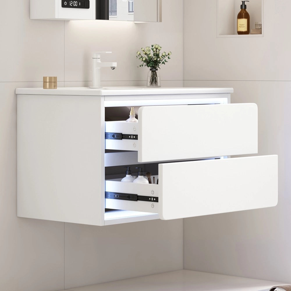 Mobile da Bagno Sospeso con Lavabo Integrato e LED ¨C Xylo ¨C Bianco, 2 Cassetti, 76x46x48.5 cm