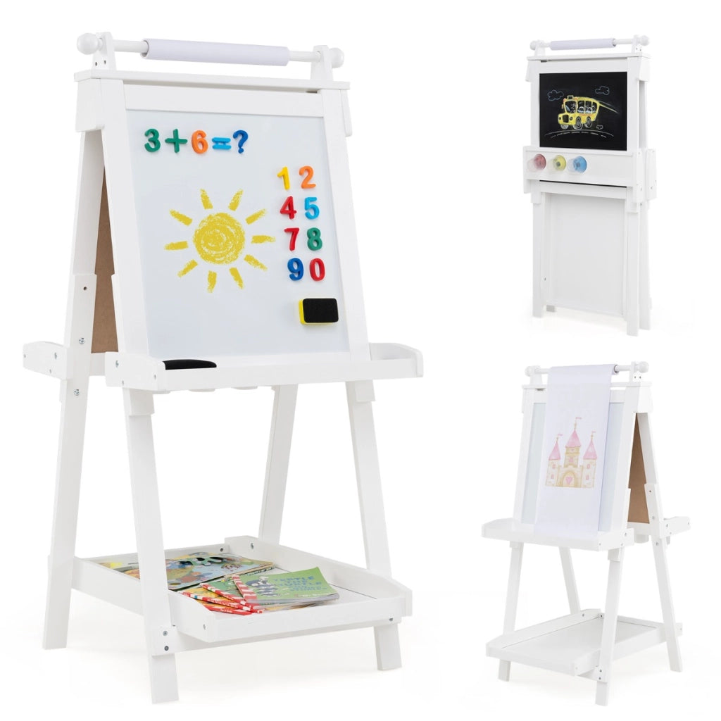 Cavalletto per bambini 3 in 1 cavalletto artistico con lavagna bifacciale-Rotolo di carta vassoi portaoggetti e 3 bicchieri per pittura Bianco
