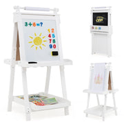 Cavalletto per bambini 3 in 1 cavalletto artistico con lavagna bifacciale-Rotolo di carta vassoi portaoggetti e 3 bicchieri per pittura Bianco