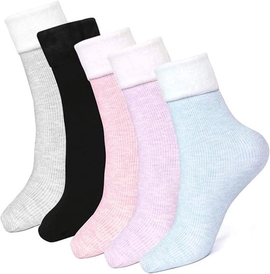 5 pacchi di calze termiche in cotone antiscivolo per donne invernali, disponibili in blu, nero, grigio, viola e rosa. Unico taglio per tutte le dimensioni.