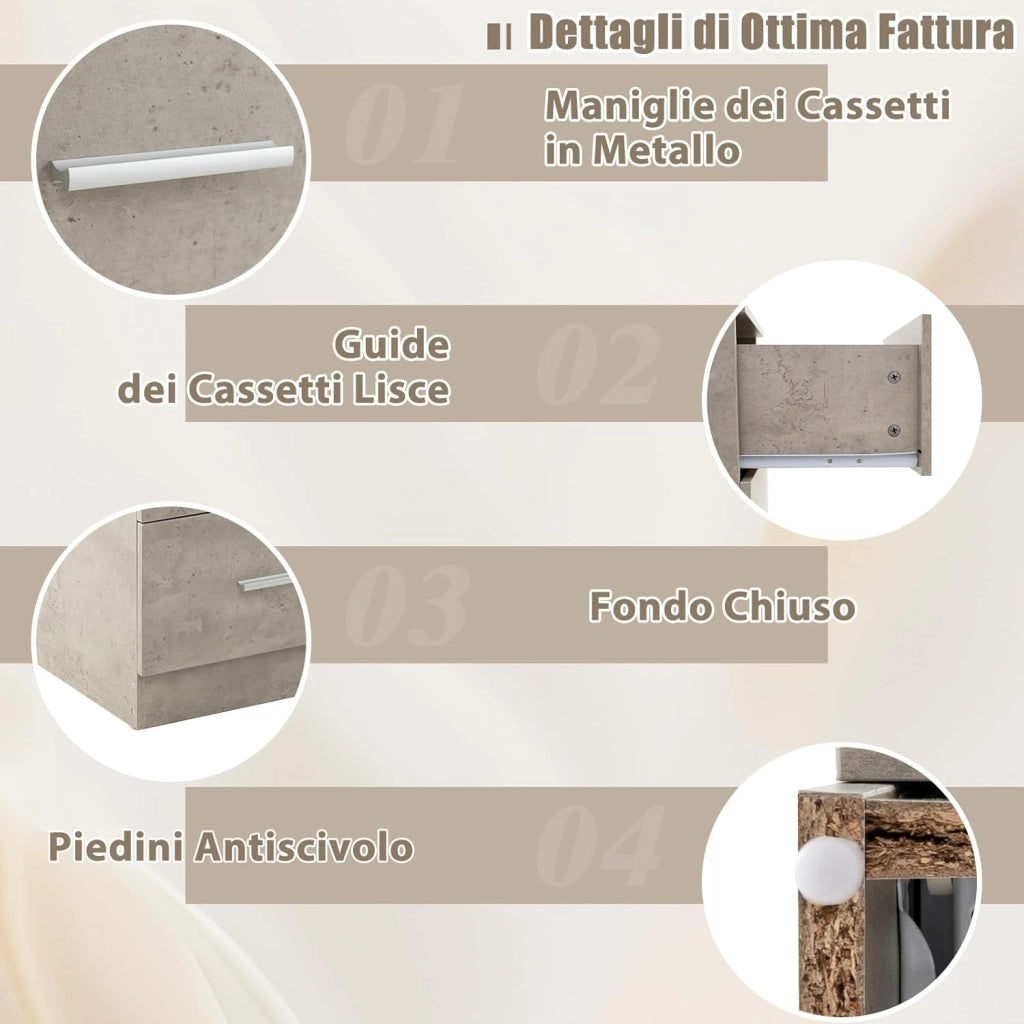 Comodino Camera da Letto 37 x 34 x 66,5cm, Cassettiera in Legno Moderno con 3 Cassetti, Mobile Salvaspazio per Soggiorno, Ufficio e Camerretta (1, Grigio)