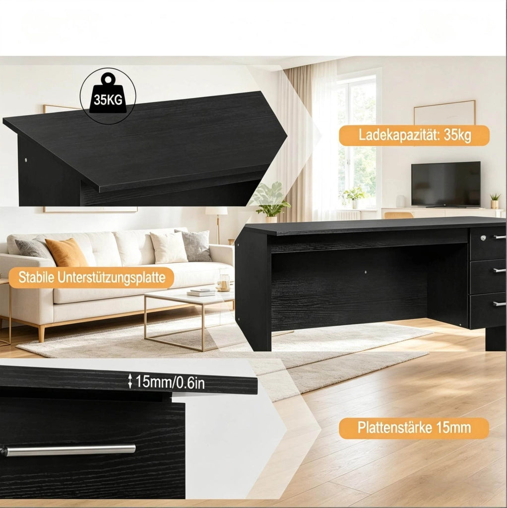 Scrivania da ufficio in legno nero 120x75x60 cm con 3 cassetti e piano resistente