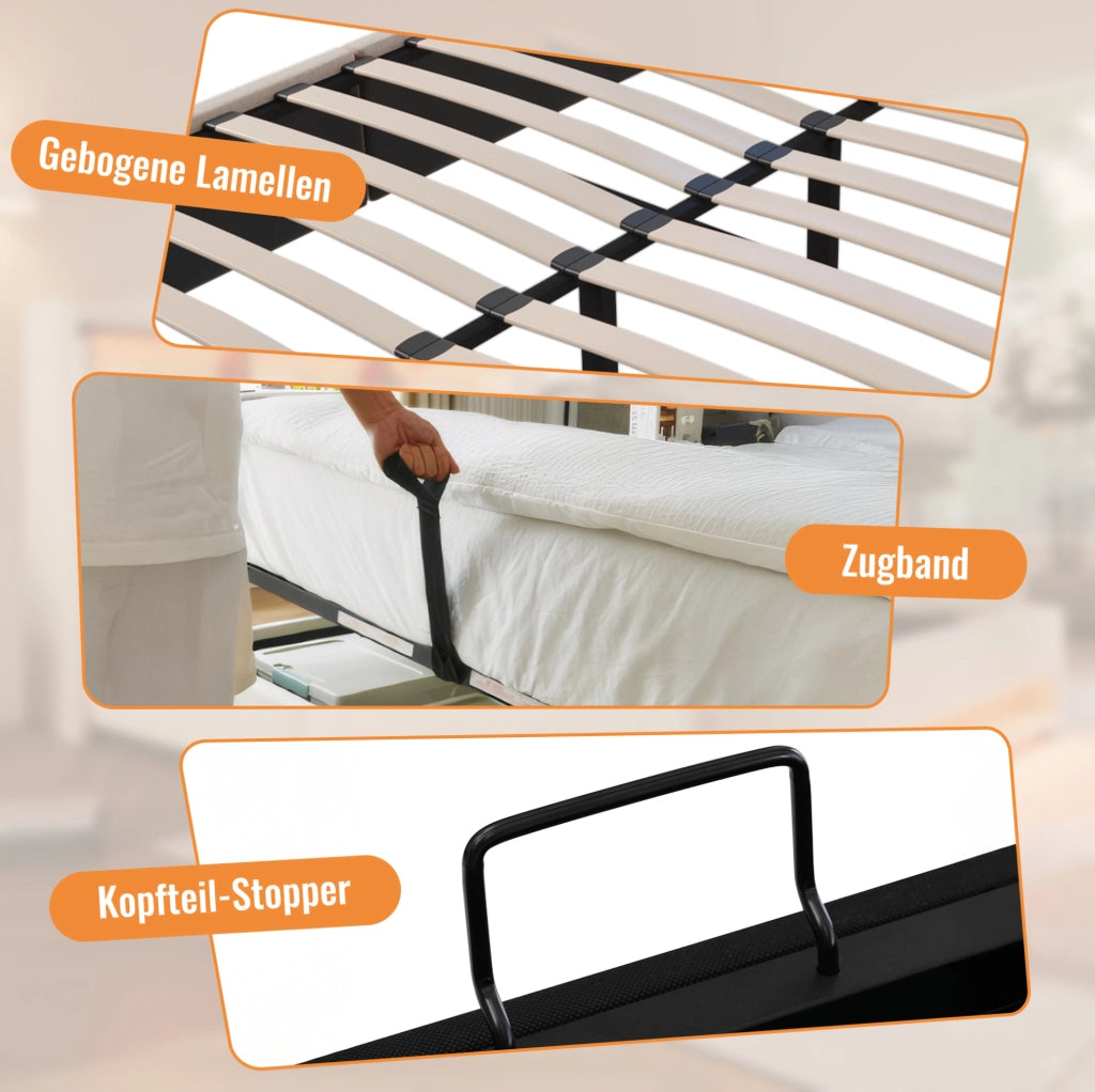 Letto imbottito 140x190 cm con ricarica USB-C e vano contenitore