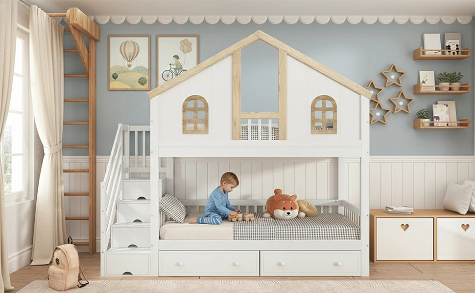 DESMIU Letto a castello bambino 90 × 200 cm con finestre, scala contenitore, 2 cassetti, senza materasso