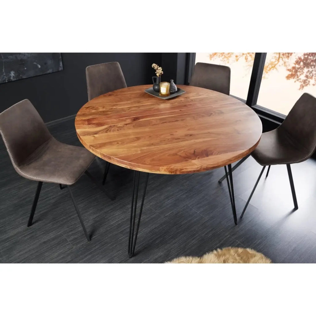 Tavolo da pranzo SILVA – Legno massiccio di acacia e metallo nero – 120 cm – Piano spesso 45 mm – Stile industriale