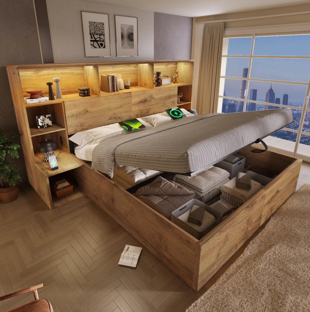 Letto matrimoniale contenitore 160x200 cm in effetto rovere; con LED; USB e materasso