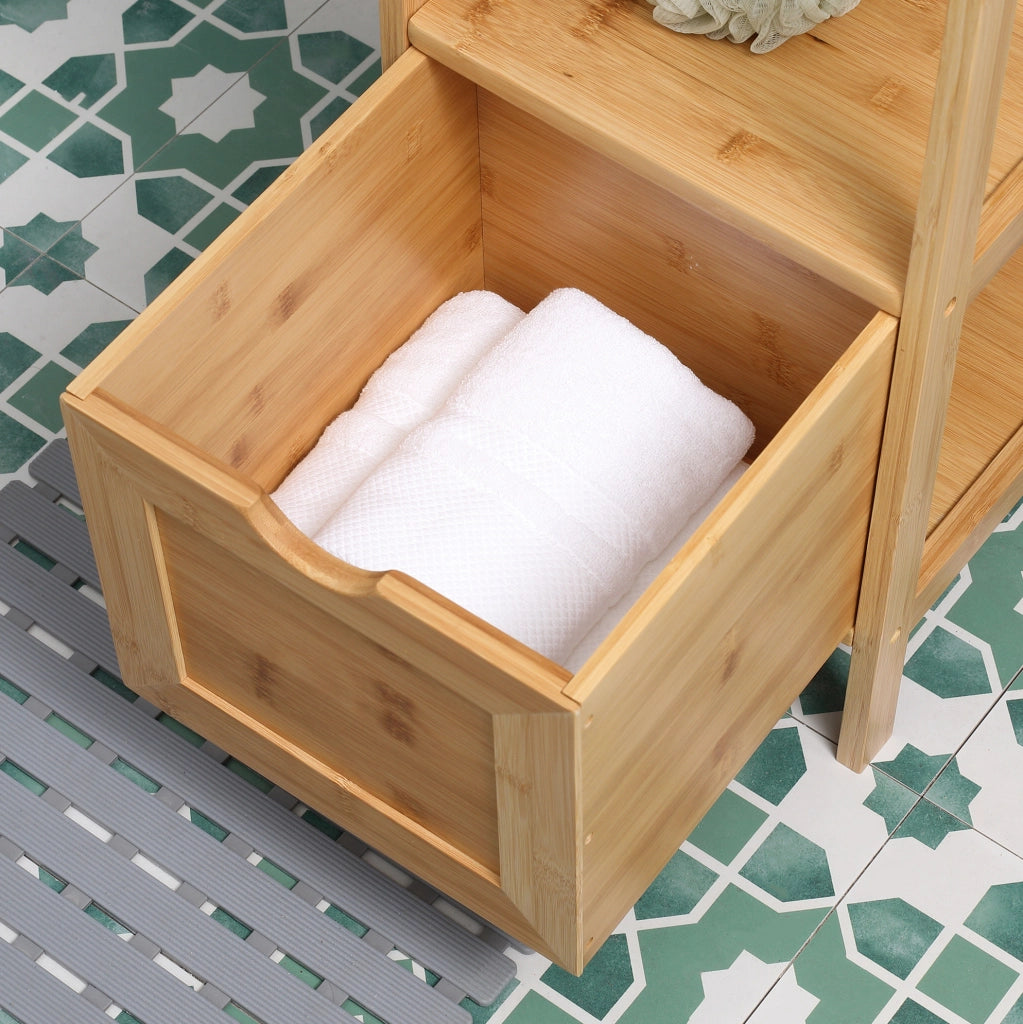 Mobiletto da bagno in bambù con 3 ripiani e 2 cassetti, sicurezza anti-ribaltamento, salvaspazio 30x30x140 cm