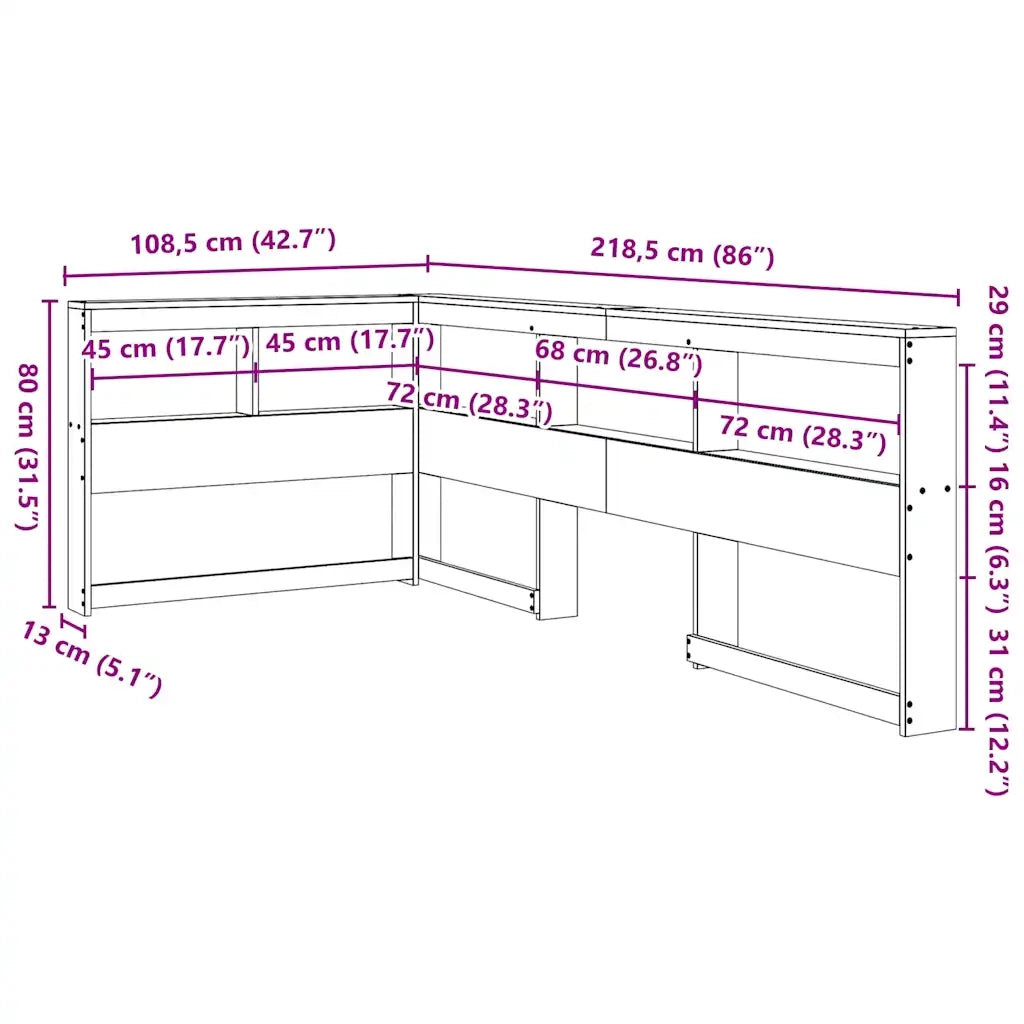 Testiera libreria a L-Testata contenitore Marrone Cera 90 cm Legno Massello di Pino