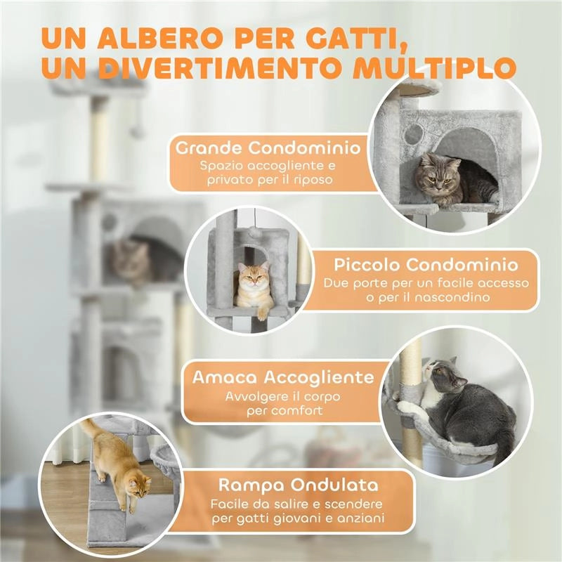 ALBERO TIRAGRAFFI PER GATTI ALTO 160 CM CON 2 CASETTE, AMACA, LETTINO E PALI IN SISAL, GRIGIO