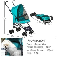 Passeggino per Cani Piccoli Pieghevole, Ruote Girevoli con Freno in EVA e Guinzaglio di Sicurezza, 65x42x94cm Verde