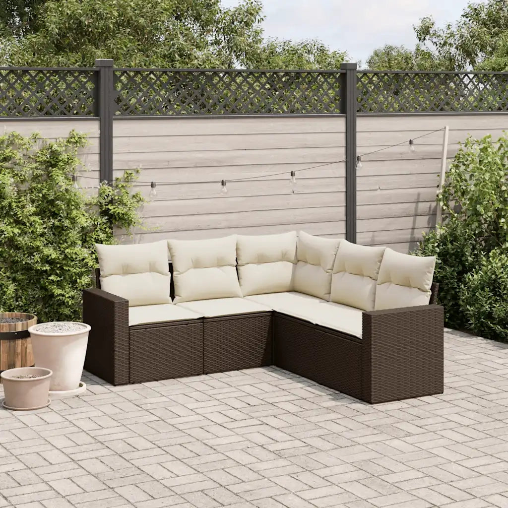 Set Divano da Giardino 5 pz | Set Salotto da Giardino con Cuscini Marrone in Polyrattan