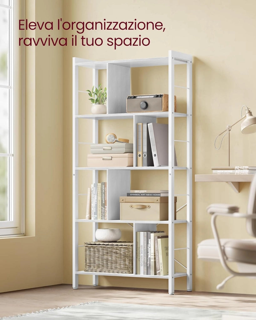 VASAGLE Libreria, Scaffale Portaoggetti a 5 Ripiani, Organizzatore per Studio Ufficio, con Scomparti Aperti per Soggiorno, in Stile Industriale, Bianco Acero e Bianco Nuvola LBC012W44