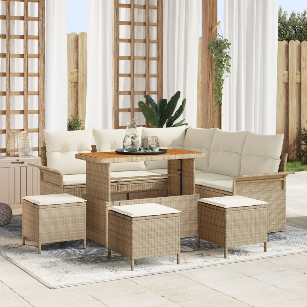 Set di divani da giardino 9 pezzi con cuscini Beige Polyrattan Acacia