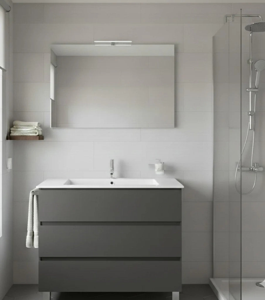 Mobile Bagno BALDER Già Montato 3 cassetti con piedini, lavabo e specchio Grafite 120x45 cm doppio lavabo