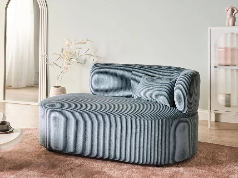 Chaise longue con rivestimento in velluto a coste blu e cuscino decorativo lato destro