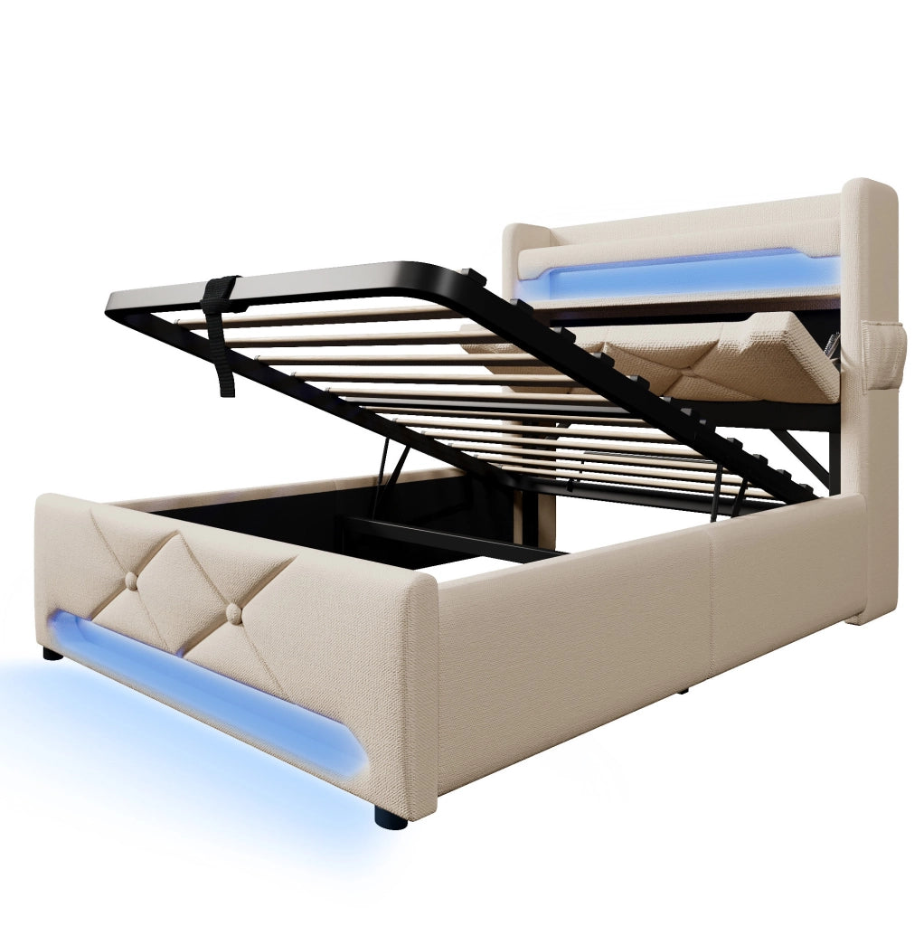 Letto singolo 90x200 cm in lino beige con LED; contenitore idraulico; USB e materasso
