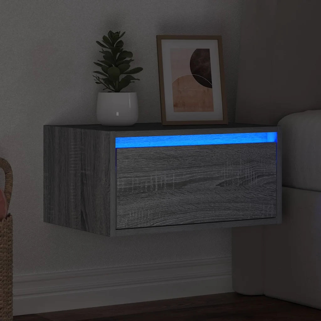 Comodino a Parete con Luci LED-Tavolino da notte sospeso Grigio Sonoma 686481