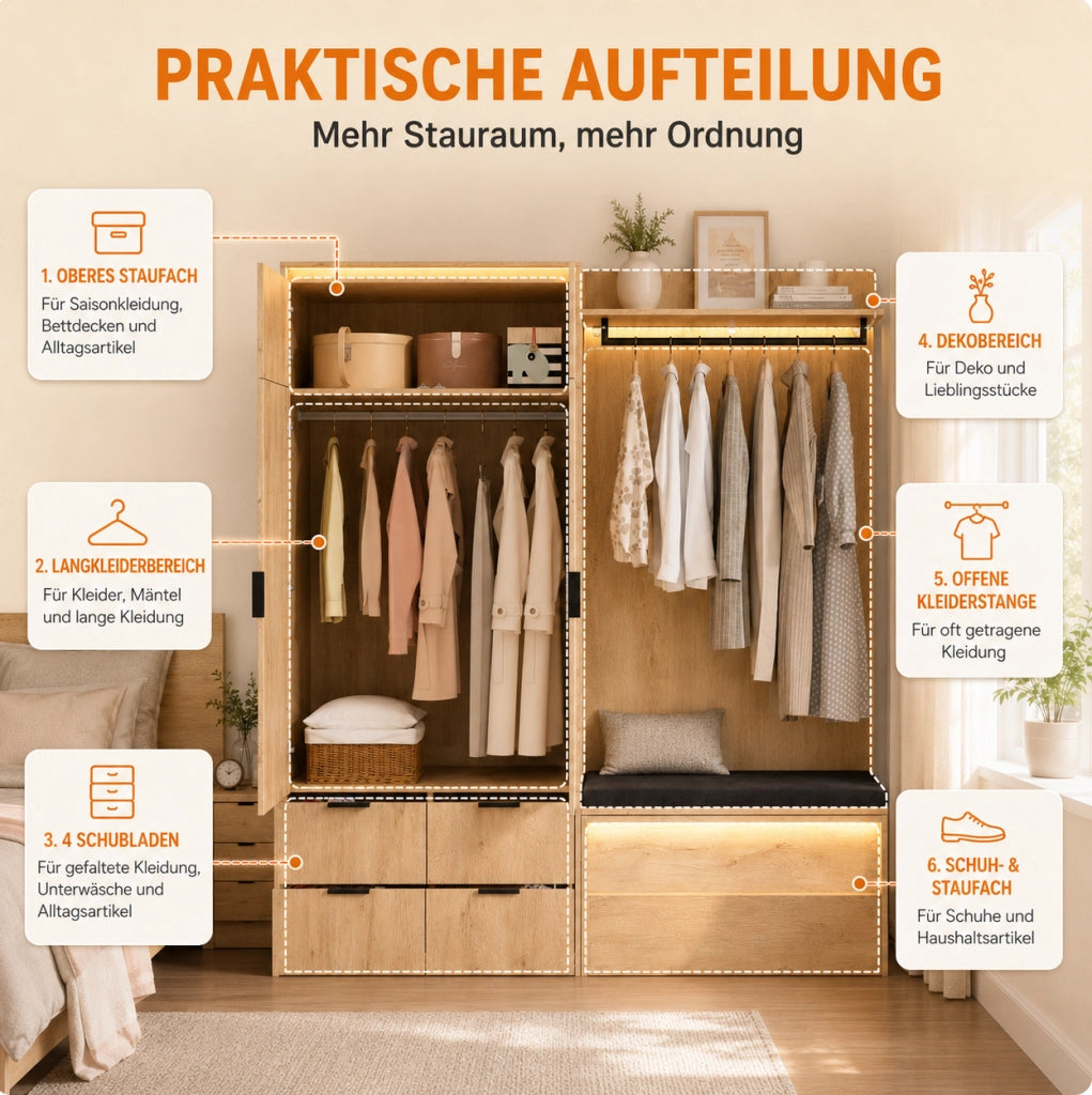 ARMADIO Guardaroba con LED, Specchio e Panchina 180x47x200 cm MDF Rovere Antracite