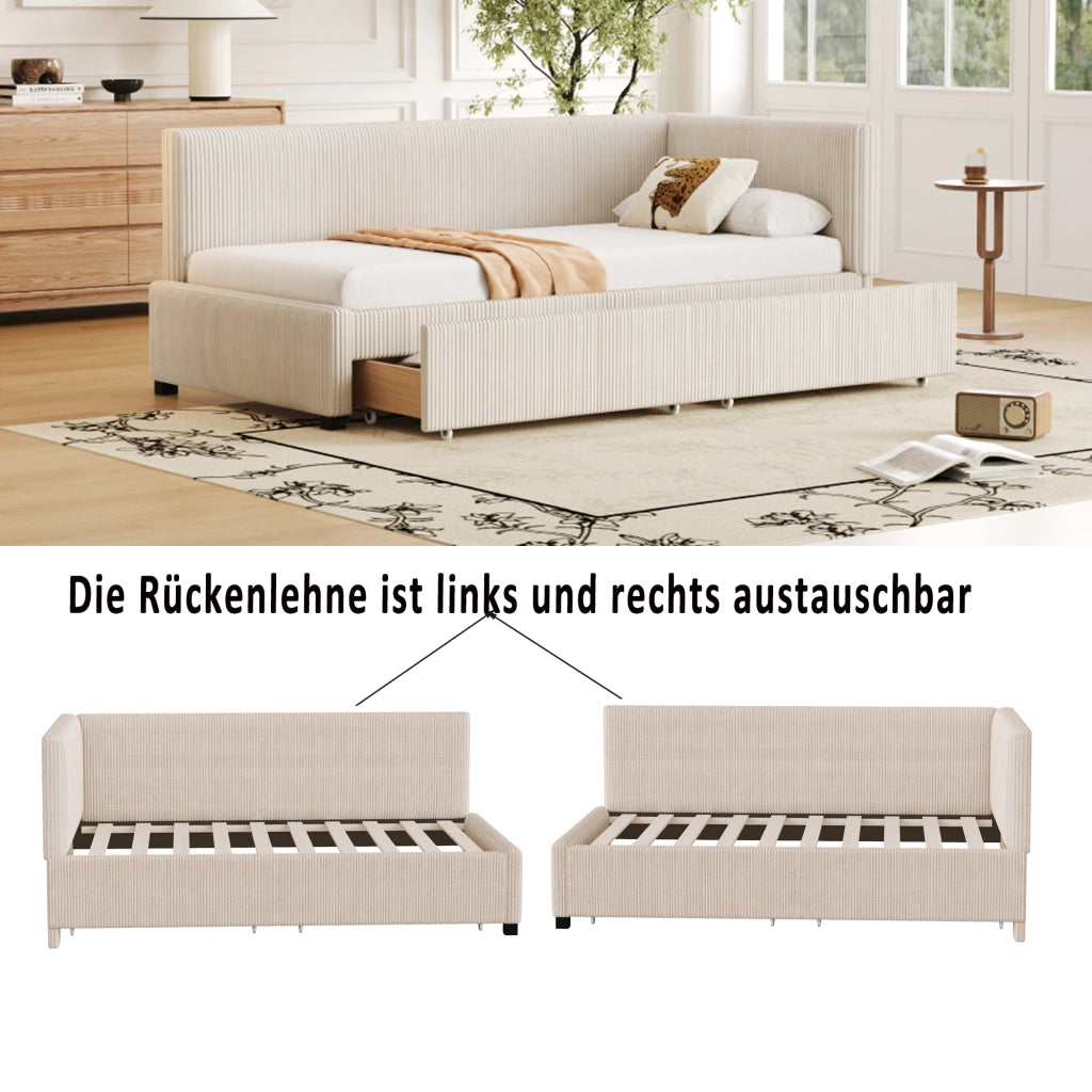 Letto divano 90 × 200 cm con 2 cassetti contenitore, schienale reversibile, senza materasso, in velluto, beige