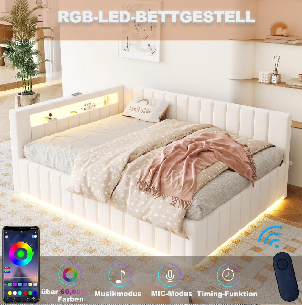 Letto matrimoniale imbottito 140x200 cm con vano, LED e USB