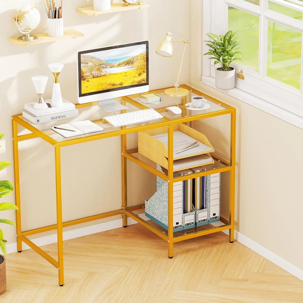 Scrivania con 2 Ripiani, Scrivania in Vetro Temperato e Acciaio, Scrittoio Salvaspazio e Moderno, Tavolo Versatile per Ingresso, Camera da Letto e Studio 106 x 51 x 77 cm (Oro)