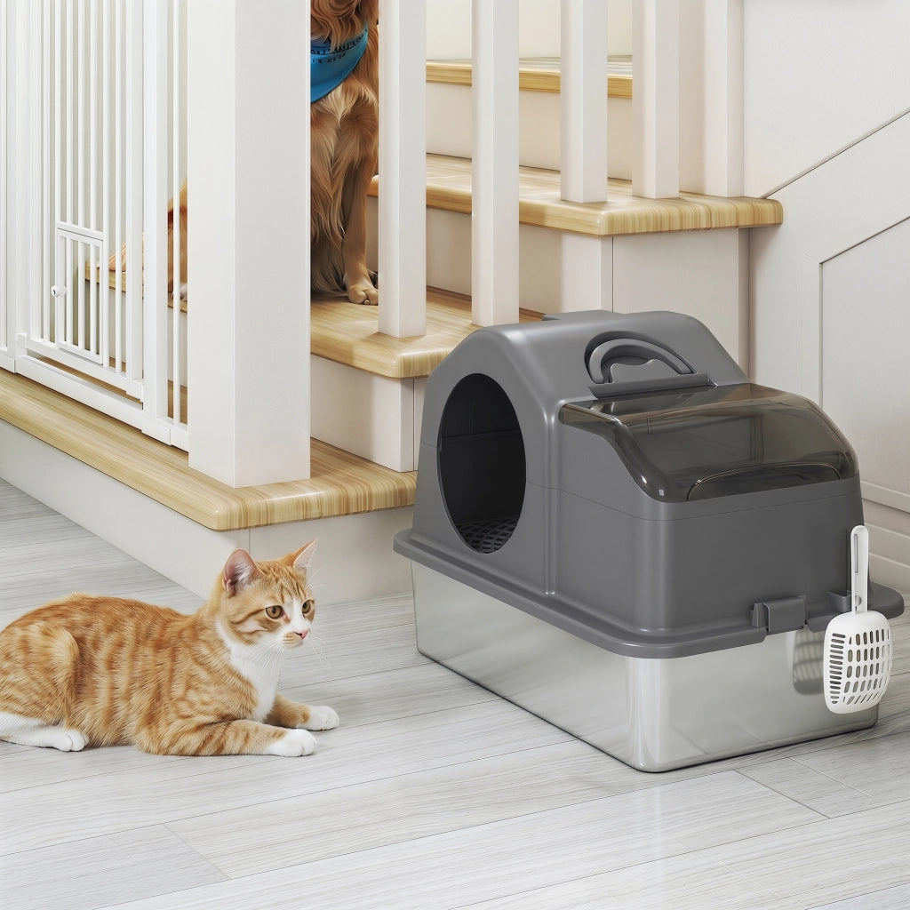Lettiera Gatto Chiusa XL 60,5x40,5x45 cm con Coperchio Paletta Tappetino di Raccolta in Acciaio Inox Grigio Scuro