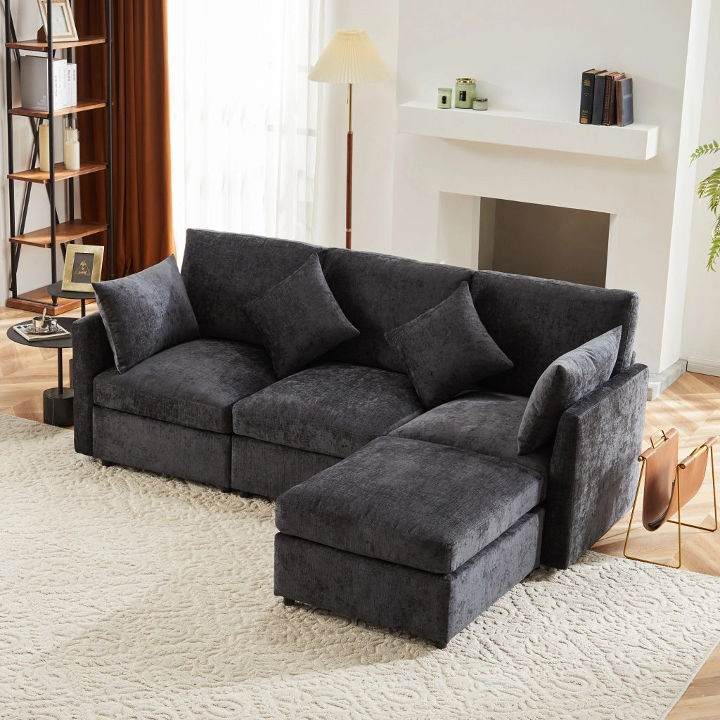 Divano modulare angolare a L con pouf mobile e 4 cuscini in ciniglia, grigio