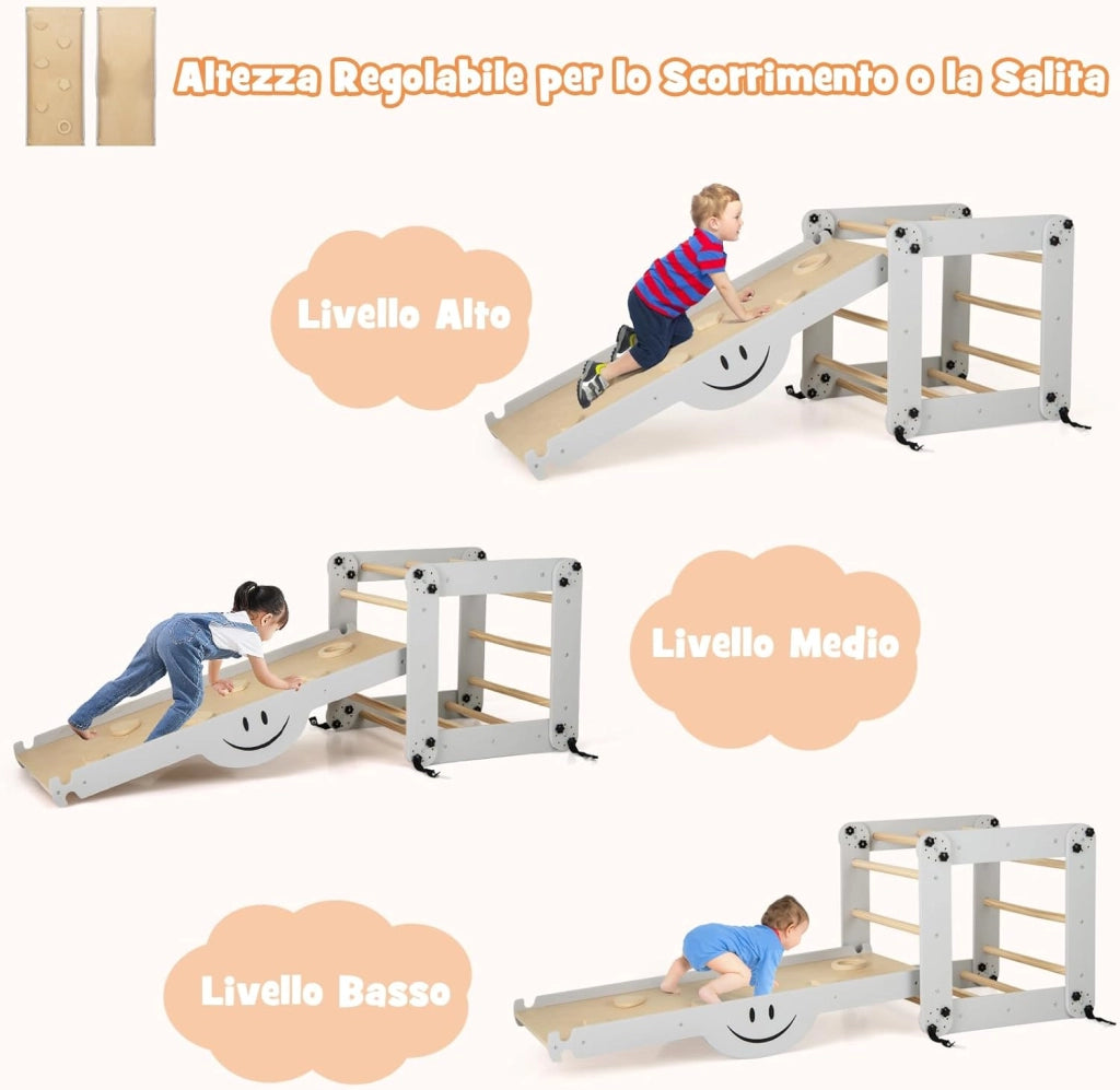 5 in 1 Set da Arrampicata per Bambini, Giochi da Arrampicata Pieghevoli in Legno con Rampe Regolabili e Reversibili, Scala da Arrampicata per Bambini 3+ Anni (Grigio)