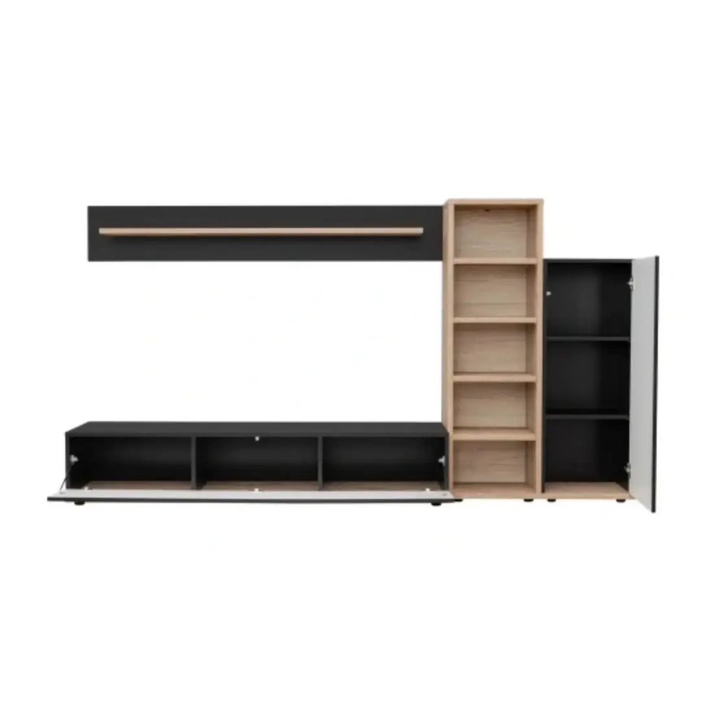 Composizione murale RHYS – Mobile TV, colonne e scaffali – Antracite e rovere Wotan