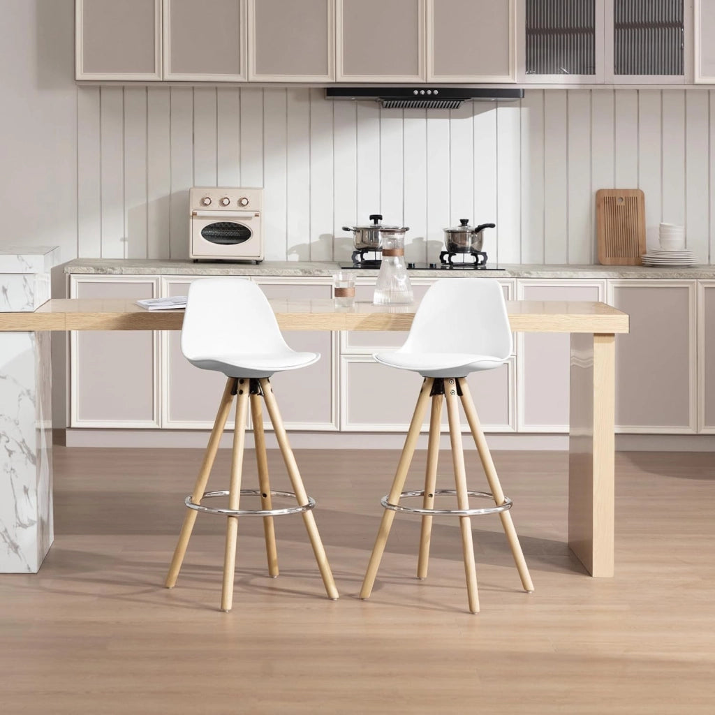 Sgabelli da Bar Sedia Cucina in PU Gambe Legno Schienale di Plastica, Bianco 2 Pezzi
