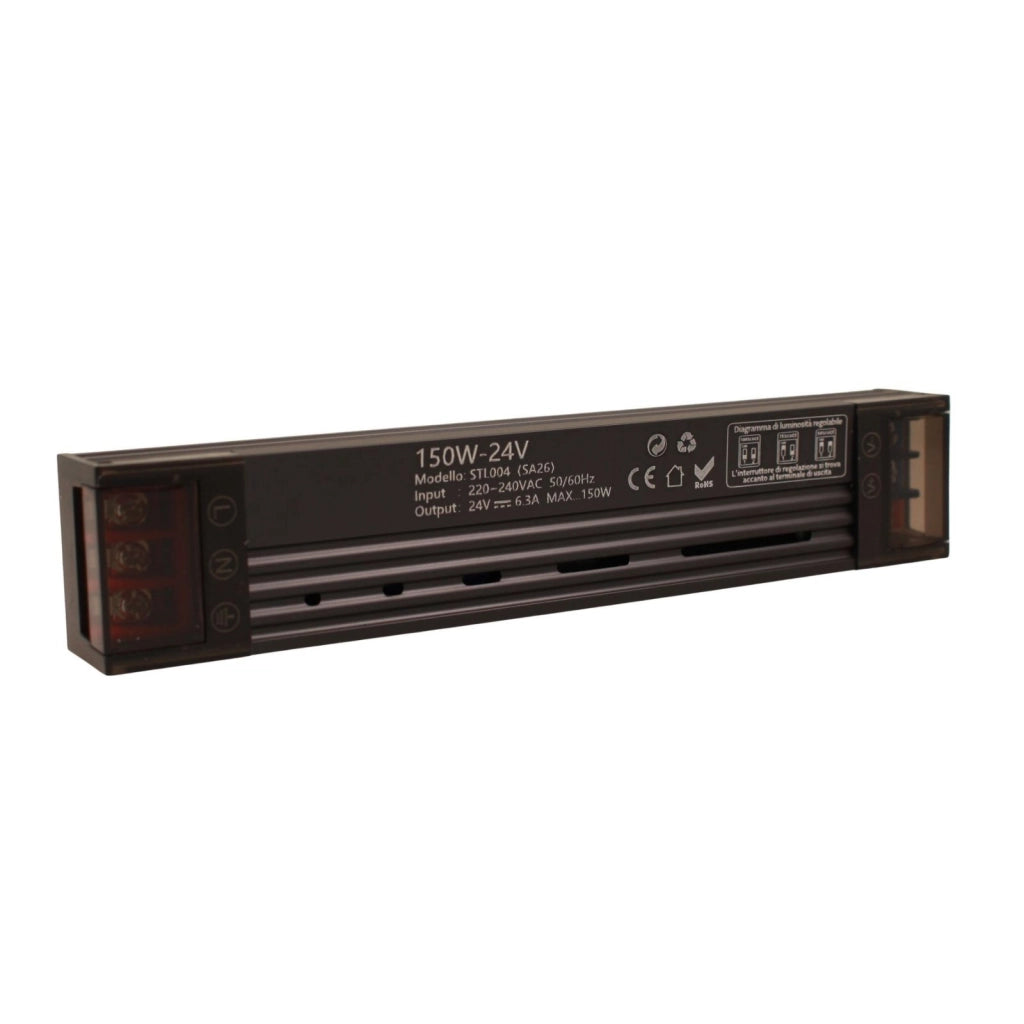 Trasformatore Alimentatore LED Slim Sottile 150W DC 24V AC 220-240V IP20 Dimmerabile a DIP con Coperchio Protezione su Morsetti 185x35x25mm